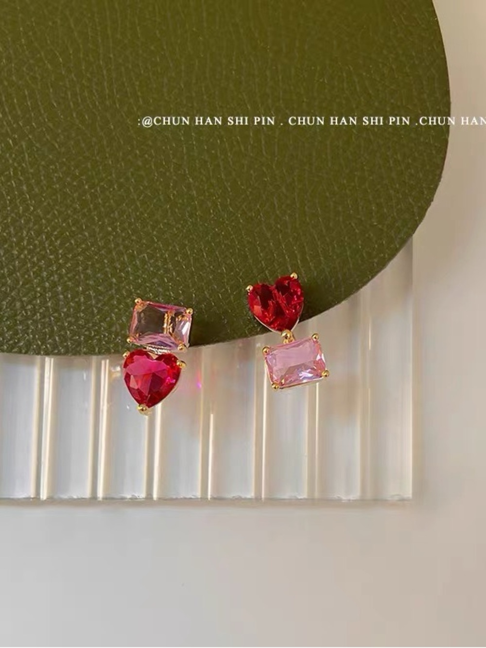 Gold-Plated Heart & Rectangle Pink-Red Crystal Drop Earrings
